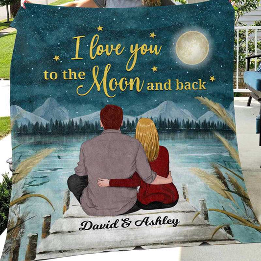 Couple Love You To The Moon And Back Personalized Fleece Blanket - Romantic Gift For Couples