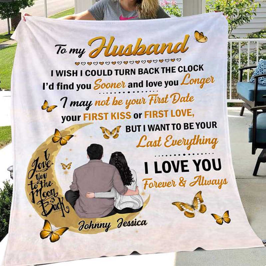 To My Husband, I Love You To The Moon And Back Couple Personalized Fleece Blanket  - Custom Name Gift For Husband
