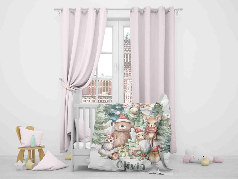 Personalized Christmas Baby Blanket for Kids for the Holiday Season – Woodland Animals Style – Soft Premium Fabric
