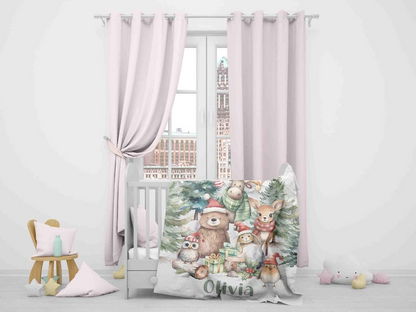 Personalized Christmas Baby Blanket for Kids for the Holiday Season – Woodland Animals Style – Soft Premium Fabric