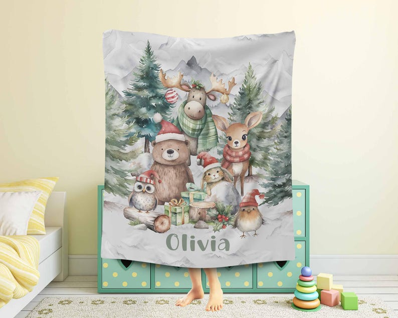 Personalized Christmas Baby Blanket for Kids for the Holiday Season – Woodland Animals Style – Soft Premium Fabric