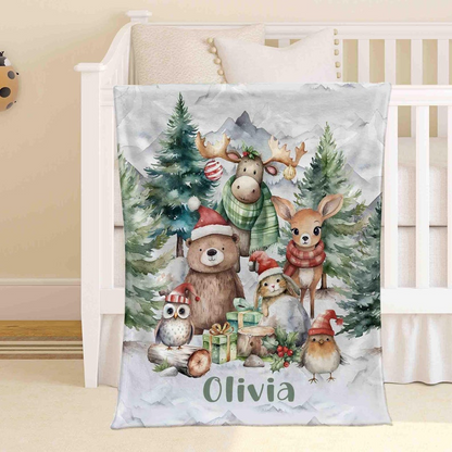 Personalized Christmas Baby Blanket for Kids for the Holiday Season – Woodland Animals Style – Soft Premium Fabric
