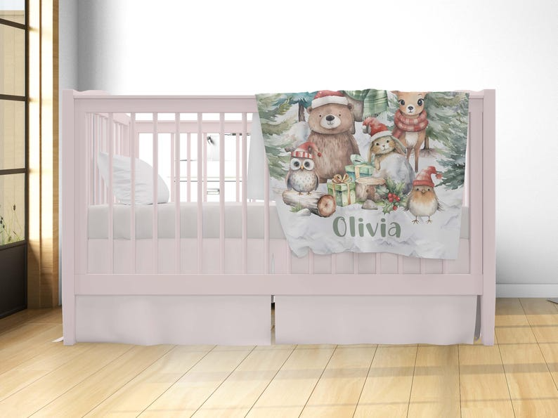 Personalized Christmas Baby Blanket for Kids for the Holiday Season – Woodland Animals Style – Soft Premium Fabric