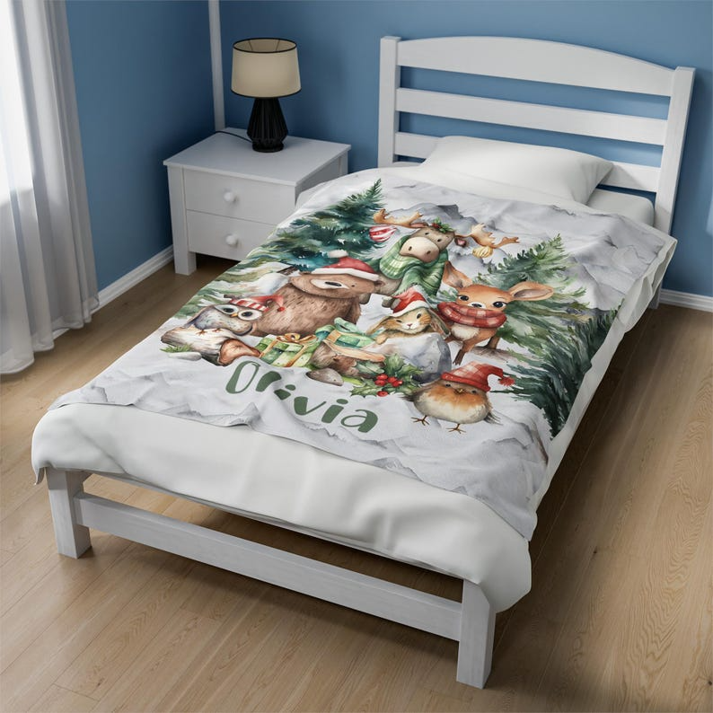 Personalized Christmas Baby Blanket for Kids for the Holiday Season – Woodland Animals Style – Soft Premium Fabric
