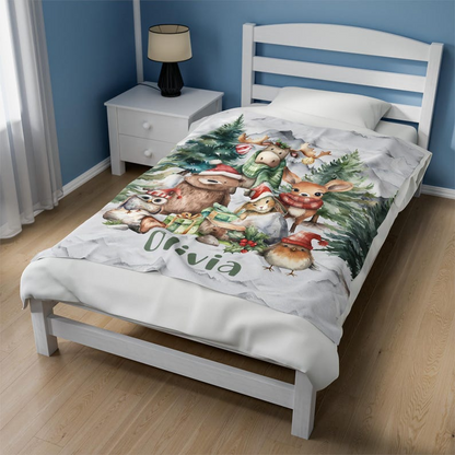 Personalized Christmas Baby Blanket for Kids for the Holiday Season – Woodland Animals Style – Soft Premium Fabric
