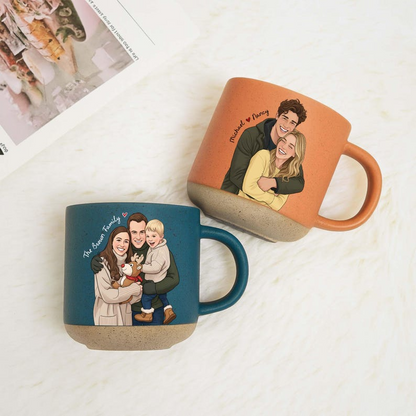Personalized Hand-Drawn Portrait Pottery Mug – Custom Photo Ceramic Coffee Cup Gift for Couples & Family