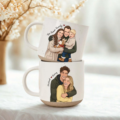 Personalized Hand-Drawn Portrait Pottery Mug – Custom Photo Ceramic Coffee Cup Gift for Couples & Family