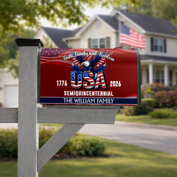 Custom Name Faith, Family & Freedom America 250 Years Patriotic Mailbox Cover