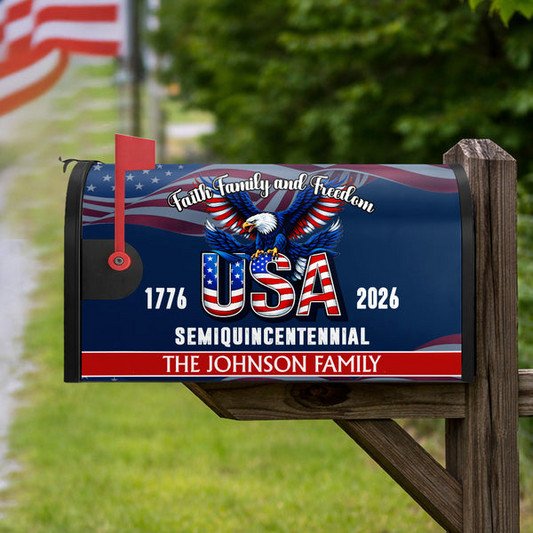 Custom Name Faith, Family & Freedom America 250 Years Patriotic Mailbox Cover