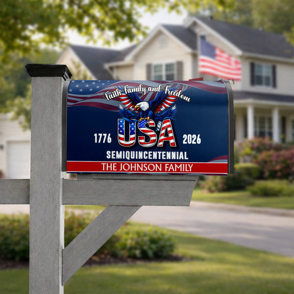 Custom Name Faith, Family & Freedom America 250 Years Patriotic Mailbox Cover