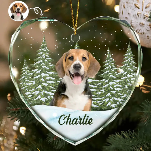 Custom Photo Pet Face Dog Cat Memorial - Personalized Heart Shaped Glass Ornament
