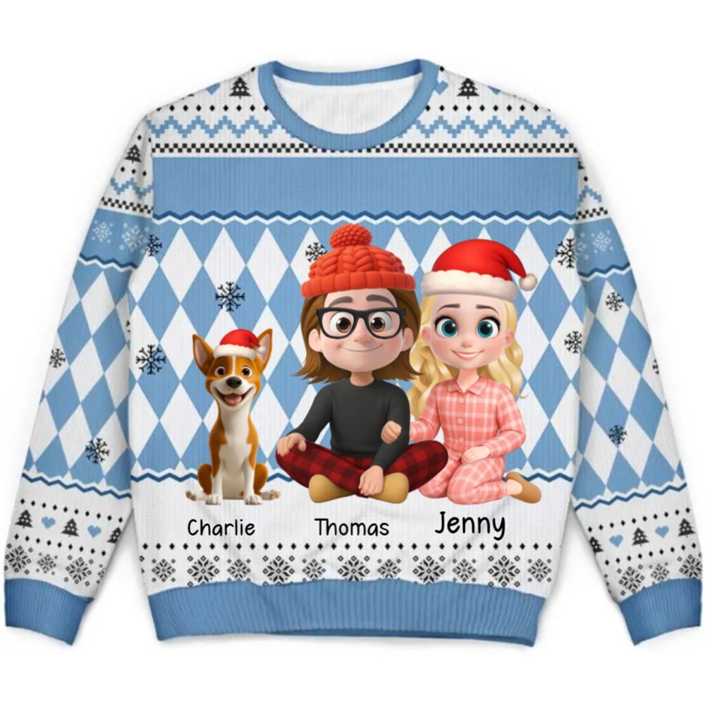 Love & fur-ever Ugly Christmas Sweater - Custom Cartoon Couple with Pets Christmas Sweater