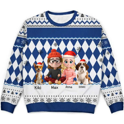 Love & fur-ever Ugly Christmas Sweater - Custom Cartoon Couple with Pets Christmas Sweater