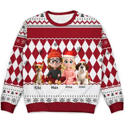 Love & fur-ever Ugly Christmas Sweater - Custom Cartoon Couple with Pets Christmas Sweater