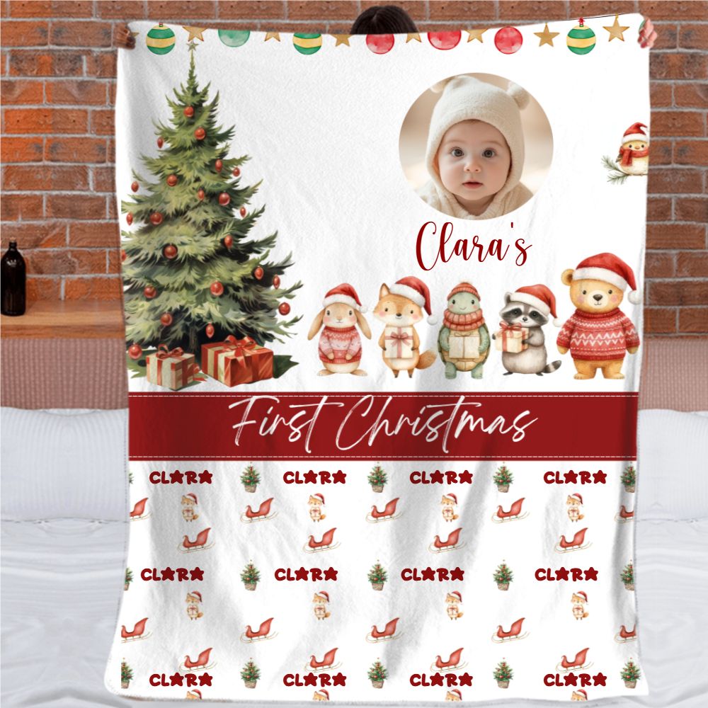 Personalized Baby’s First Christmas Blanket - Woodland Animals Style - Soft Fabrics Material
