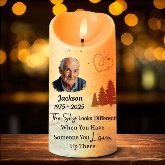 Personalized Memorial LED Candle – Custom Photo “The Sky Looks Different” Family Remembrance Gift