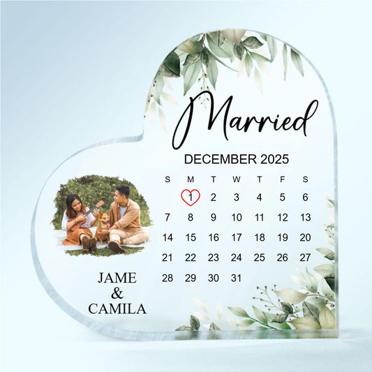 Custom Photo Calendar Married Engaged Couples - Personalized Heart Shaped Acrylic Plaque