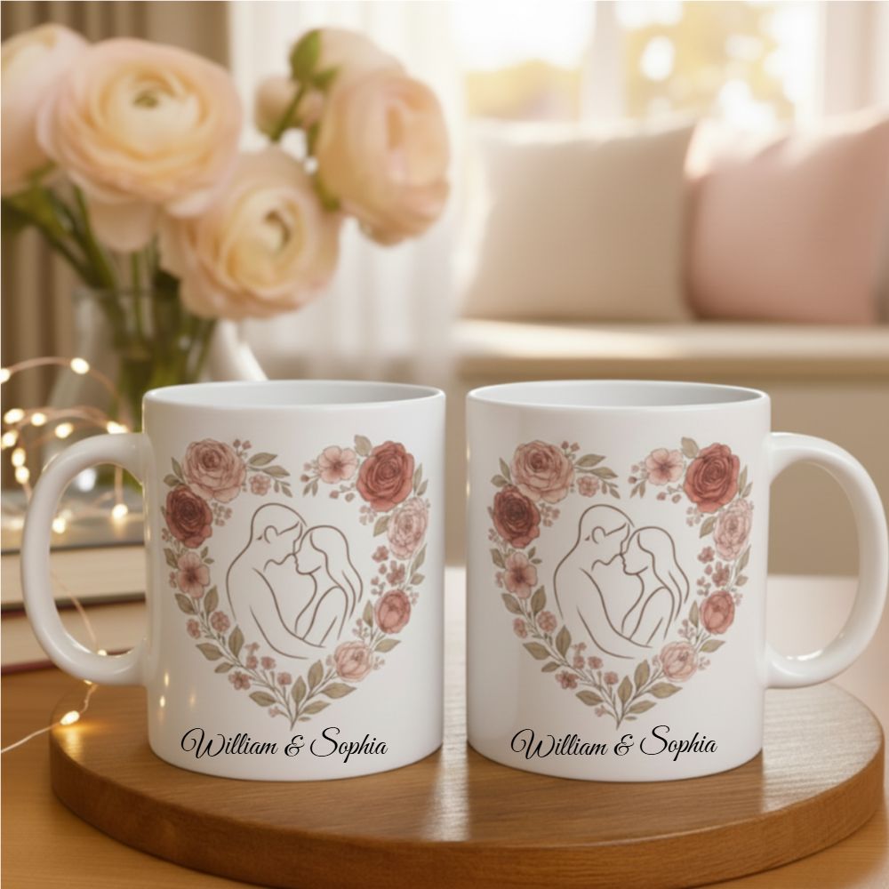 Personalized Floral Heart Couple Mug with Custom Name – Romantic Gift for Her on Valentine’s Day, Anniversary or Wedding