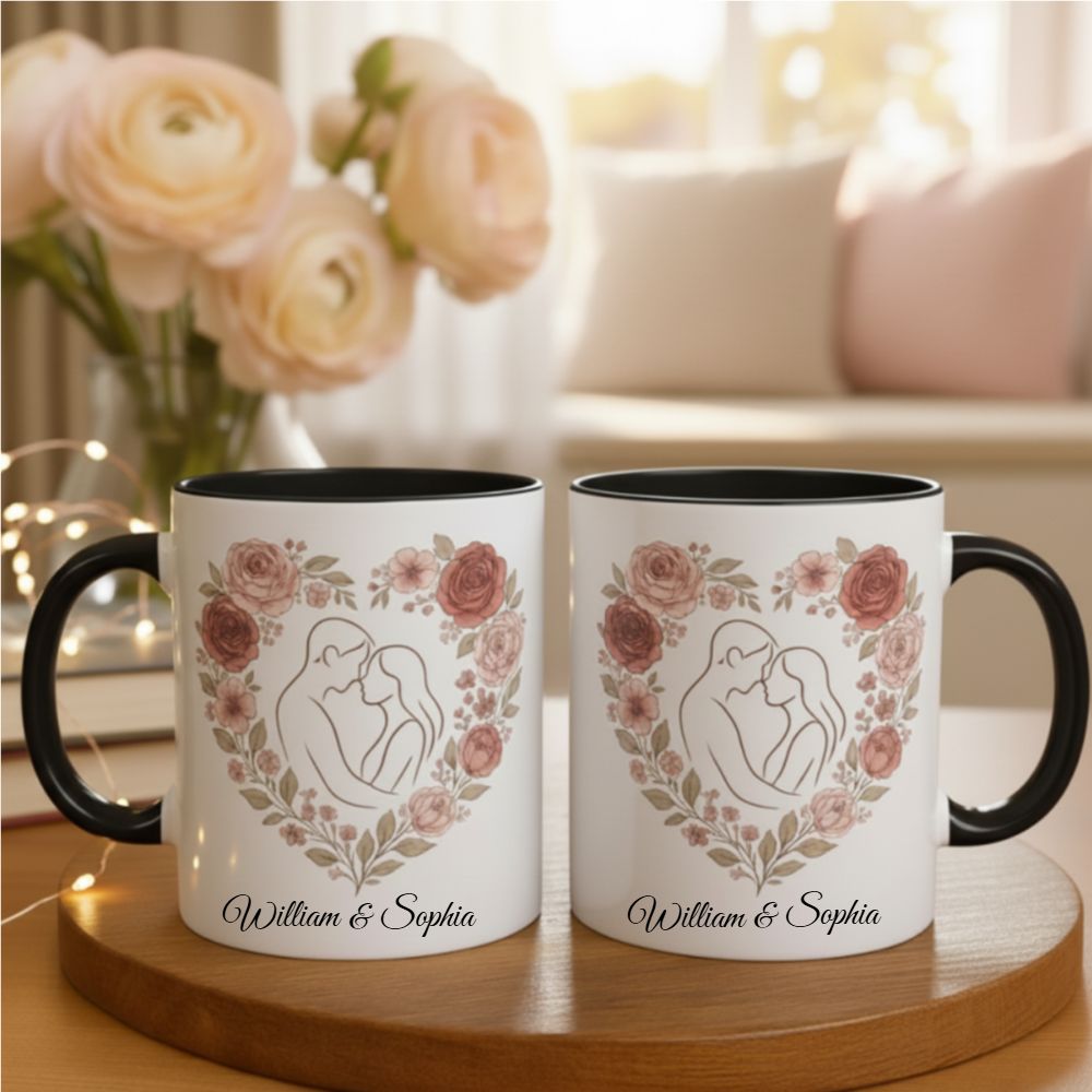 Personalized Floral Heart Couple Mug with Custom Name – Romantic Gift for Her on Valentine’s Day, Anniversary or Wedding