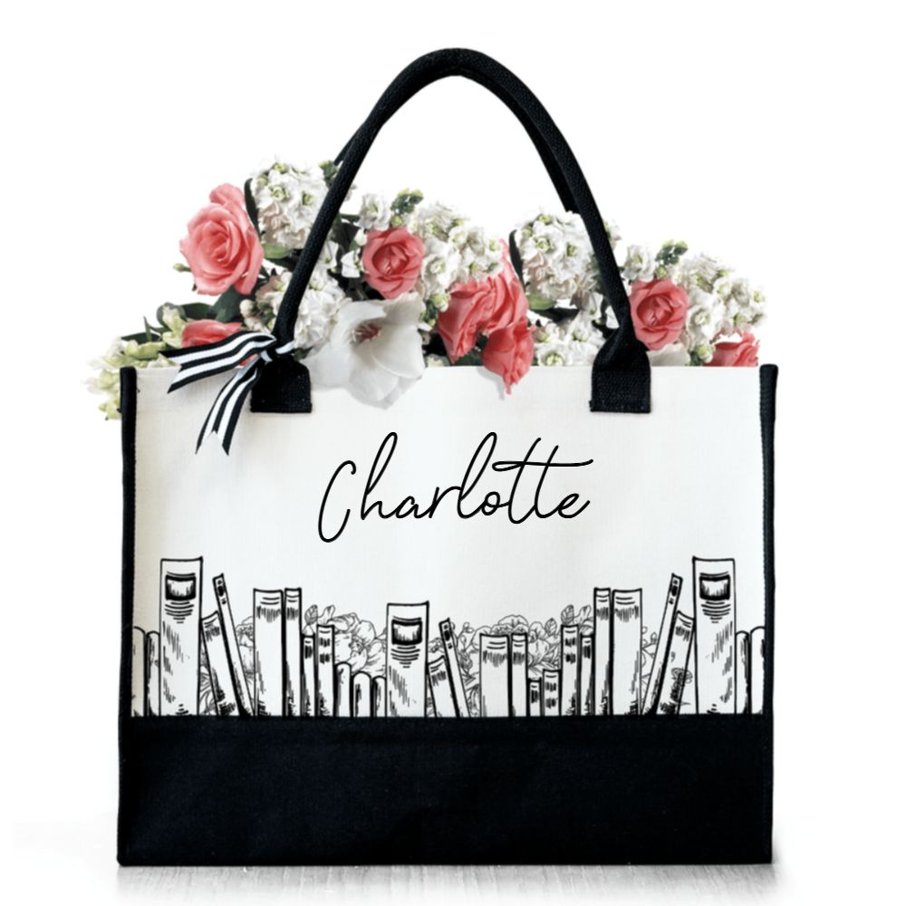 Floral Books Personalized Canvas Tote Bag