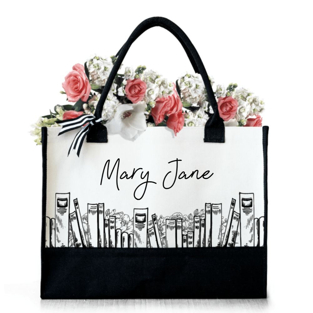 Floral Books Personalized Canvas Tote Bag