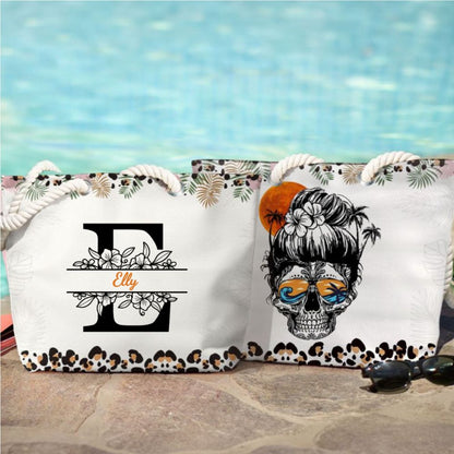 Tropical Skull & Monogram Letter - Personalized Beach Bag