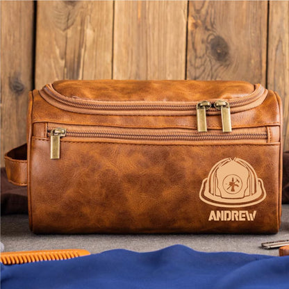 Personalized Firefighter Leather Dopp Kit – Custom Name Toiletry Bag for Firemen