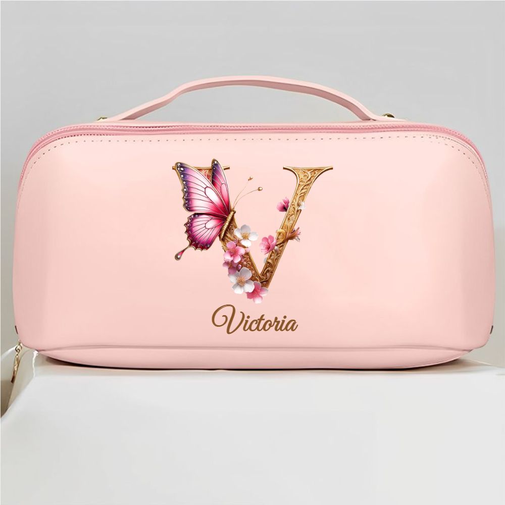 Flower Butterfly Monogram - Personalized Leather Makeup Bag
