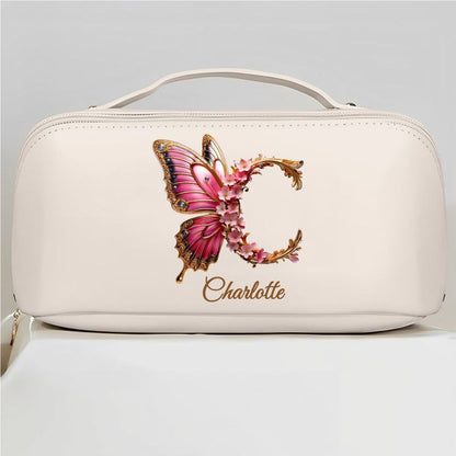 Flower Butterfly Monogram - Personalized Leather Makeup Bag