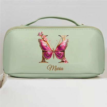 Flower Butterfly Monogram - Personalized Leather Makeup Bag