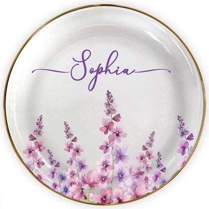 Birth Month Flower Watercolor Blooming In Love - Personalized Round Ring Dish