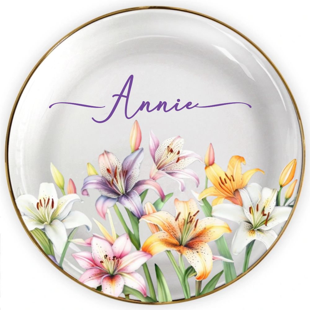 Birth Month Flower Watercolor Blooming In Love - Personalized Round Ring Dish