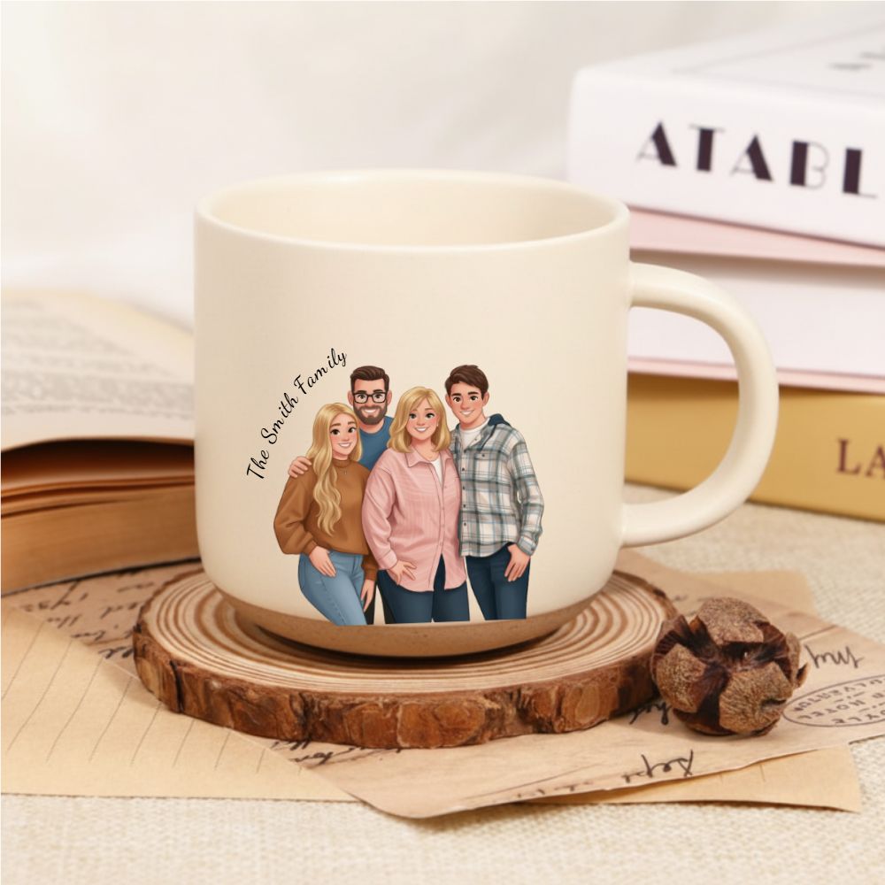 Personalized Cartoon Portrait Pottery Mug – Custom Photo Gift for Couples & Family