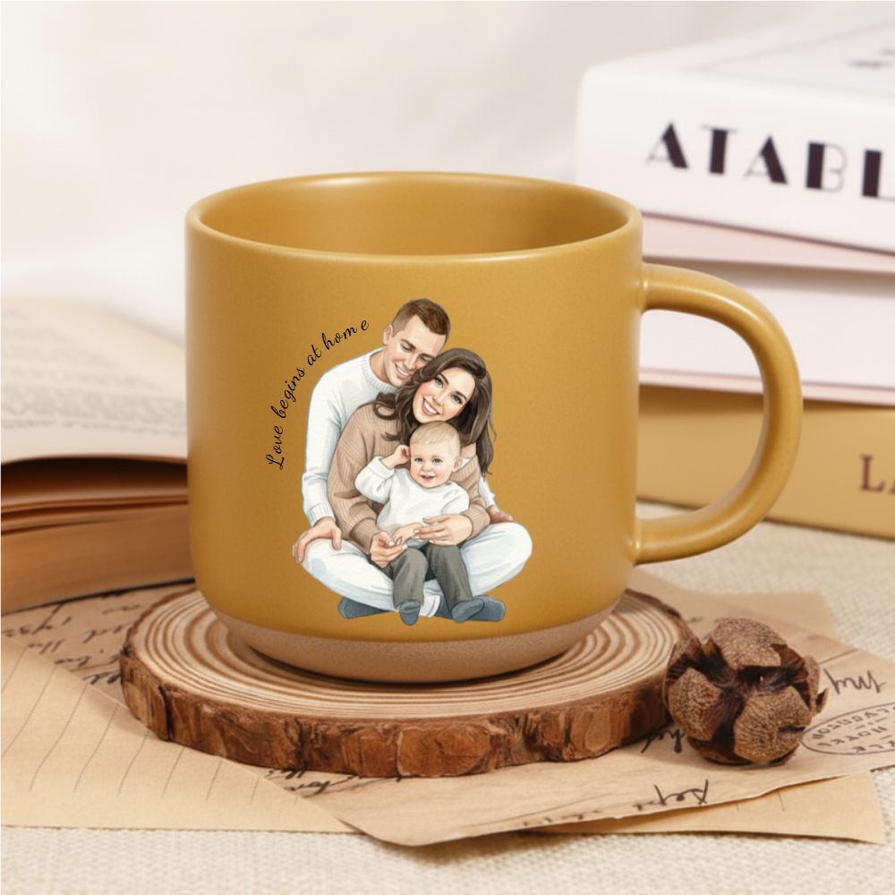 Personalized Warm & Artistic Watercolor Portrait Pottery Mug – Meaningful Gift for Couples & Family