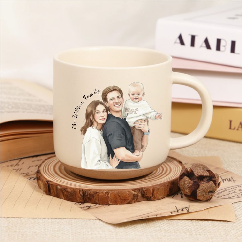 Personalized Warm & Artistic Watercolor Portrait Pottery Mug – Meaningful Gift for Couples & Family