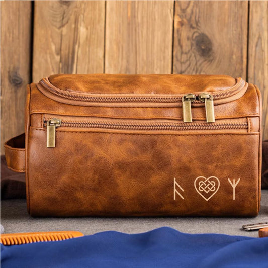 Name In Runes Viking - Personalized Leather Toiletry Bag