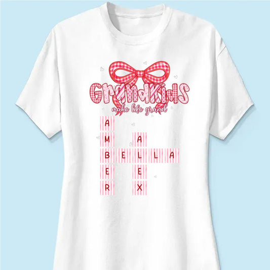 Grandkids Make Life Grand Preppy Valentine Pattern Crossword Puzzle Art - Personalized Women Tee - Valentine's Day Gift For Grandma
