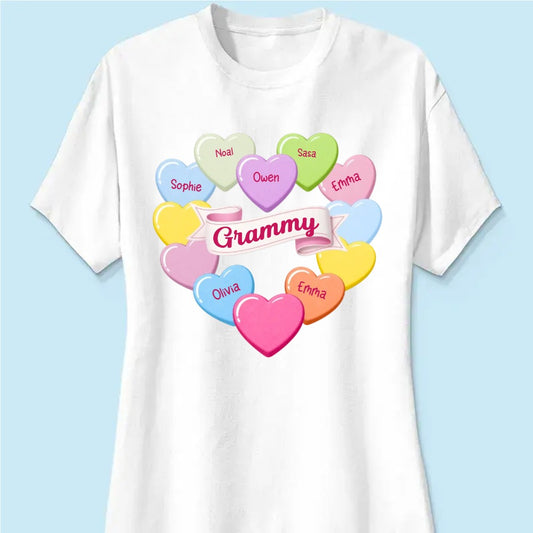 Grandma's Sweethearts Conversation Hearts Grandkids Names Valentine's Day - Personalized Woman Tee