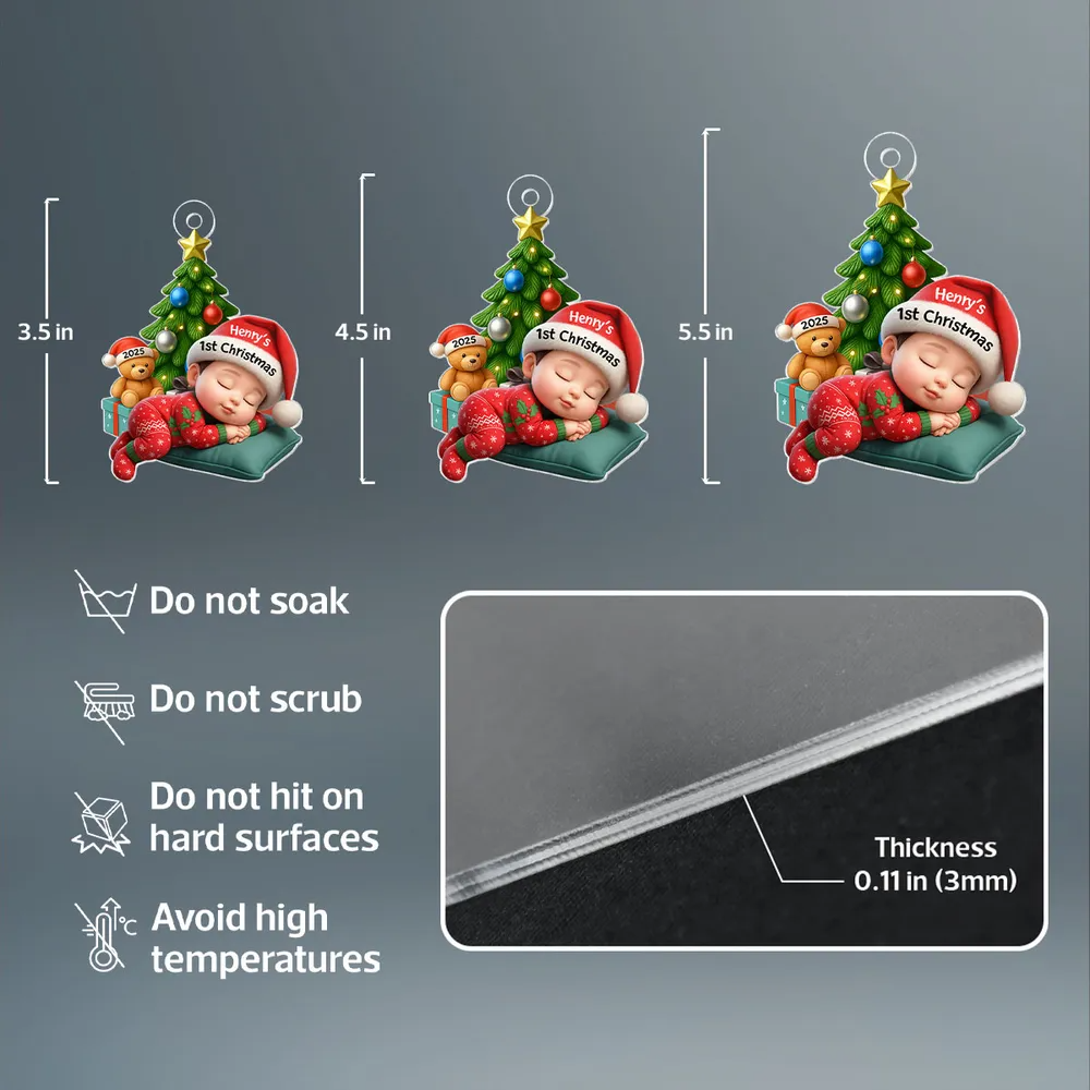 Sleeping Baby in Christmas Pajama Personalized Acrylic Ornament, Baby's 1st Christmas