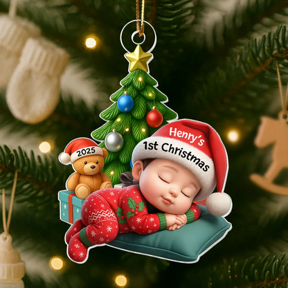 Sleeping Baby in Christmas Pajama Personalized Acrylic Ornament, Baby's 1st Christmas