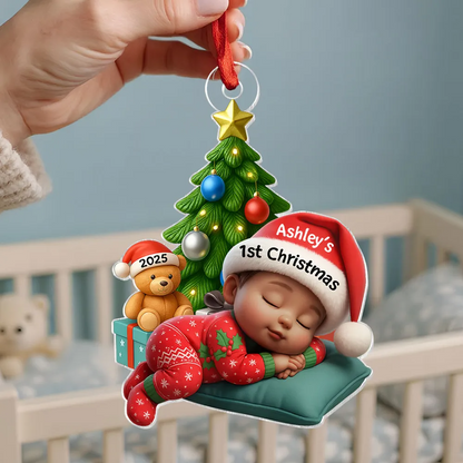 Sleeping Baby in Christmas Pajama Personalized Acrylic Ornament, Baby's 1st Christmas