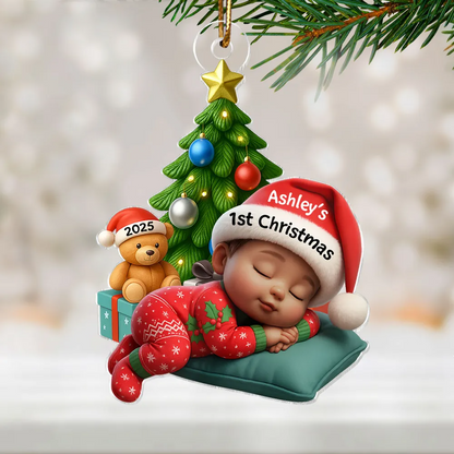 Sleeping Baby in Christmas Pajama Personalized Acrylic Ornament, Baby's 1st Christmas
