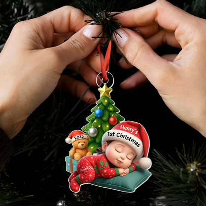 Sleeping Baby in Christmas Pajama Personalized Acrylic Ornament, Baby's 1st Christmas