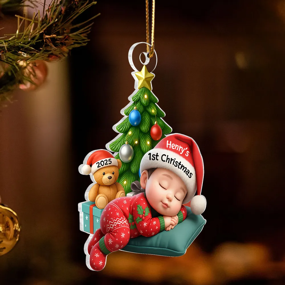 Sleeping Baby in Christmas Pajama Personalized Acrylic Ornament, Baby's 1st Christmas