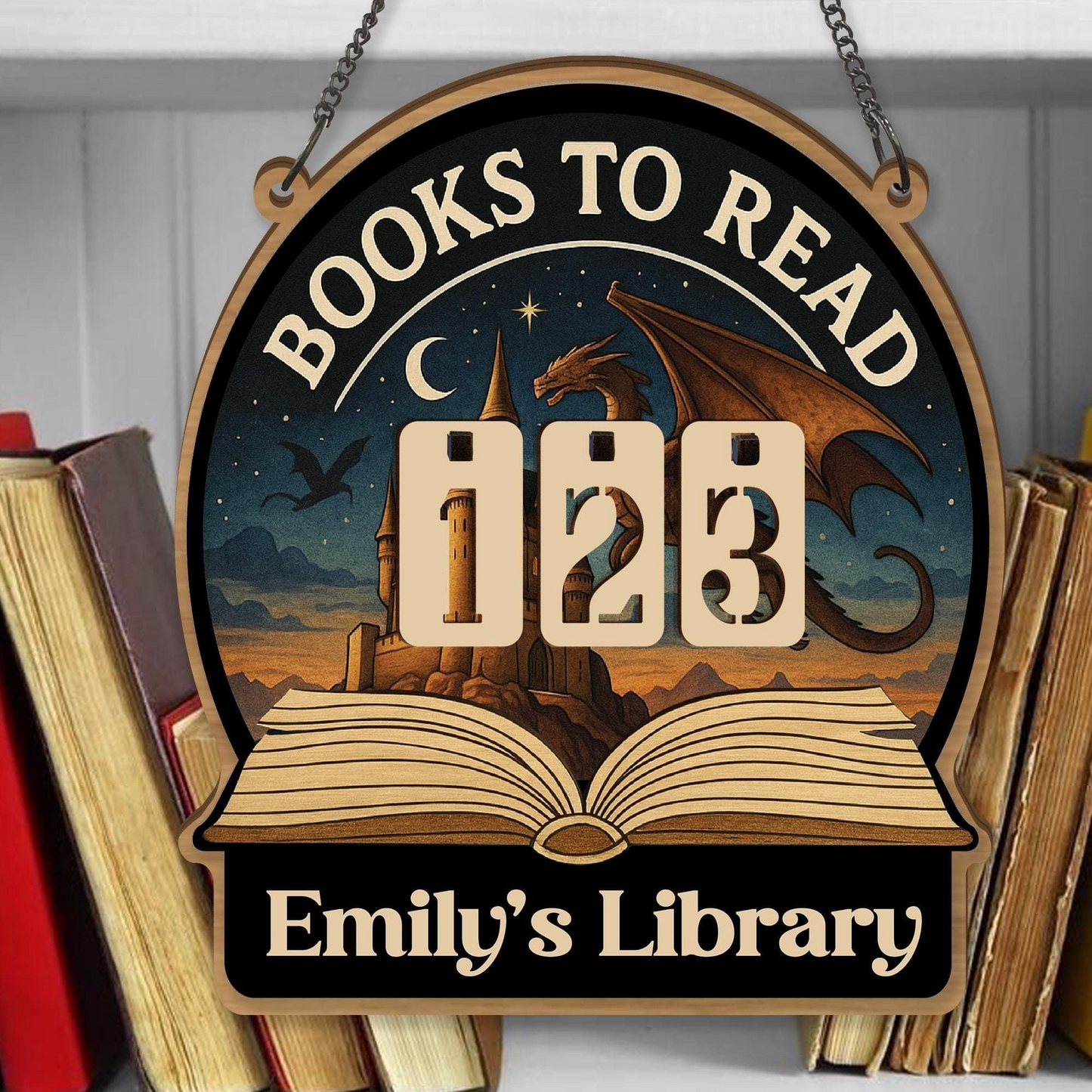 Books To Read Wooden Tracker – Fantasy Castle and Dragon Library Sign, Personalized Book Counter, Unique Gift for Book Lovers, Bookish Gift