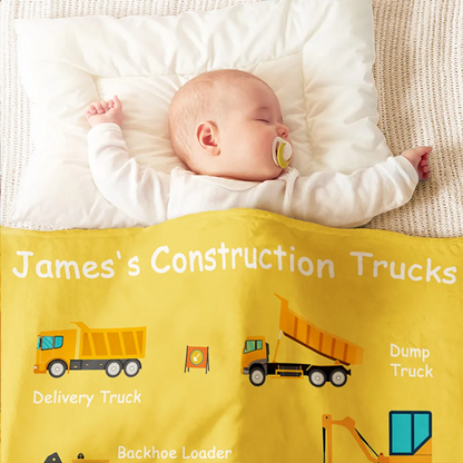 Personalised Cartoon Construction Lorrys Soft Throw Blanket with Text Home Decor Birthday Gift for Boys Lorry Lovers- Personalized Fleece Blanket, Sherpa Blanket