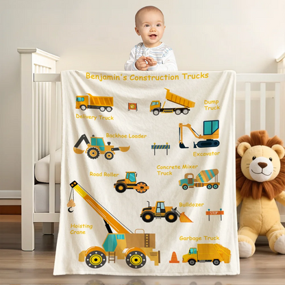 Personalised Cartoon Construction Lorrys Soft Throw Blanket with Text Home Decor Birthday Gift for Boys Lorry Lovers- Personalized Fleece Blanket, Sherpa Blanket