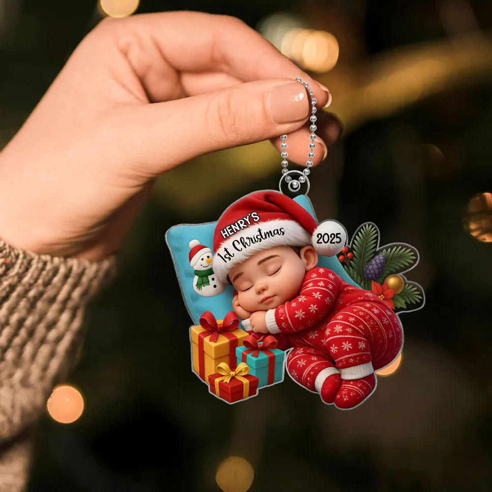 Sleeping Baby in Christmas Cheer Personalized Acrylic Ornament, Baby's 1st Christmas Keepsake, Baby Gift from Grandparents