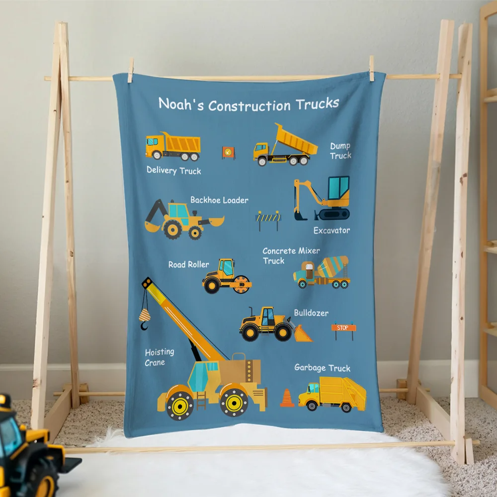 Personalised Cartoon Construction Lorrys Soft Throw Blanket with Text Home Decor Birthday Gift for Boys Lorry Lovers- Personalized Fleece Blanket, Sherpa Blanket