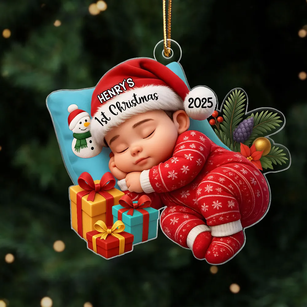 Sleeping Baby in Christmas Cheer Personalized Acrylic Ornament, Baby's 1st Christmas Keepsake, Baby Gift from Grandparents